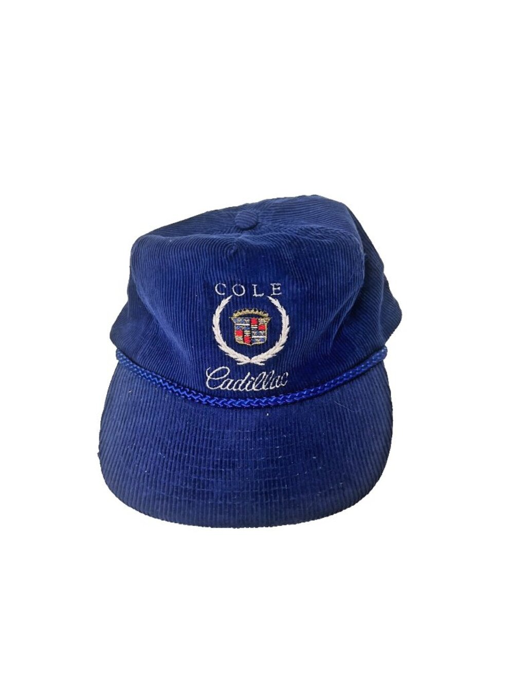 Vtg 80s Cole Cadillac Corduroy Rope Hat Nissin Cap Embroidered Crest Blue